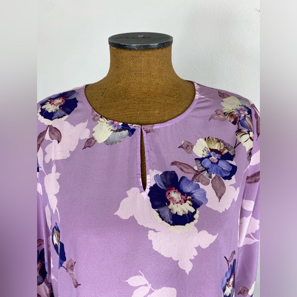 David Lawrence Silk Blouse 14 Floral Ruched Sleeve Lavender Keyhole Semi Sheer - Picture 3 of 13